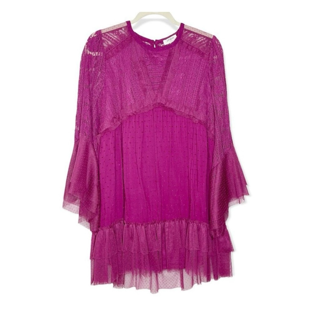 Umgee Fuchia Pink Purple Flowy Lace Boho Dress Bell Sleeves Women’s Medium